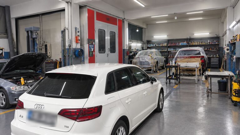 Fırınlı boya kabini önünde boya onarımı bekleyen beyaz Audi
